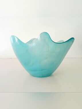 Vintage Aqua With White Swirl Glass Decorative Bowl - Home Art